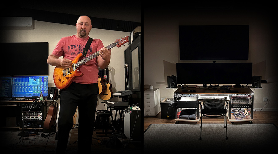 Ken Ramey plays an electric guitar in his recording studio